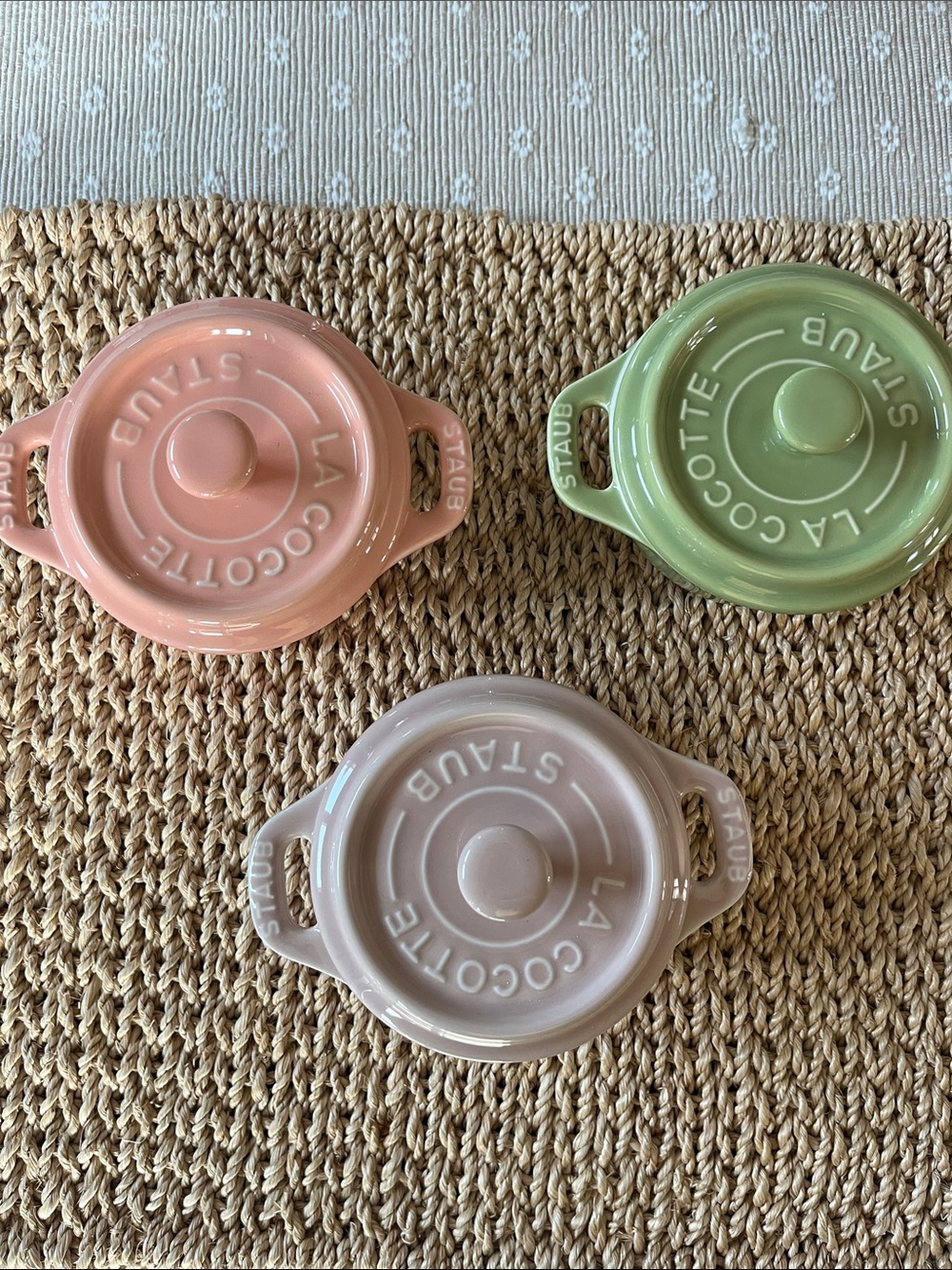 Staub Three-Piece Mini Cocotte Collection in Pink, Green, Taupe